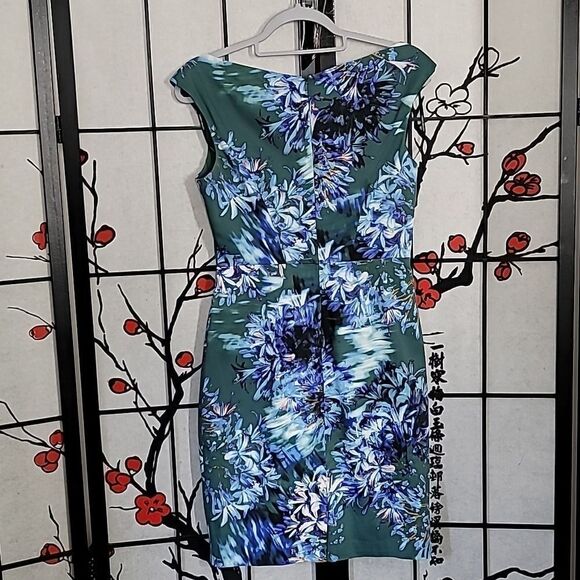 Karen Millen Womens Back Zip V Neck Floral Sheath Dress Green Blue Size 8 - Picture 5 of 11